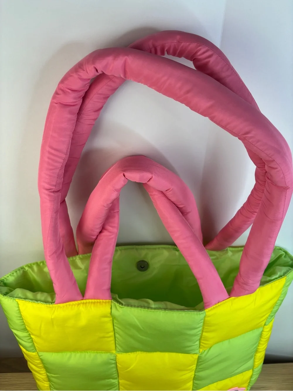 Fruit Riot! Puffy Quilted Green Yellow Checkered Tote Bag Pink Handles LIKE NEW!
